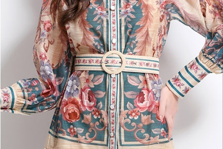 CM-DY032099 Women Elegant European Style Stand Collar Lantern Sleeve Single-Breasted Maxi Dress - Green