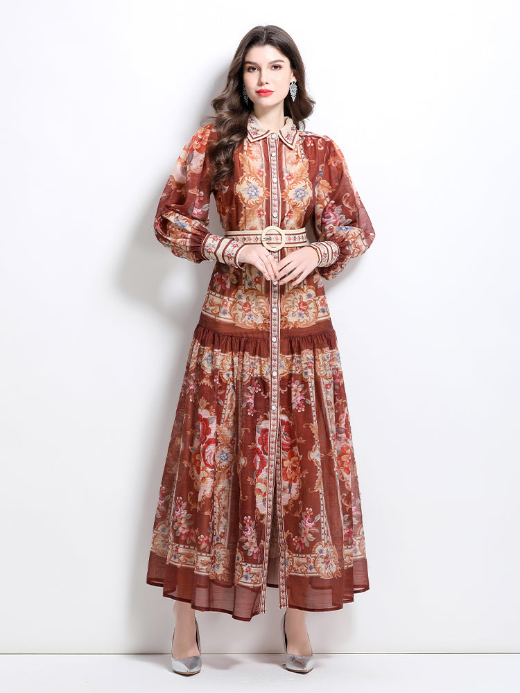 CM-DY032100 Women Elegant European Style Stand Collar Lantern Sleeve Single-Breasted Maxi Dress - Light Brown