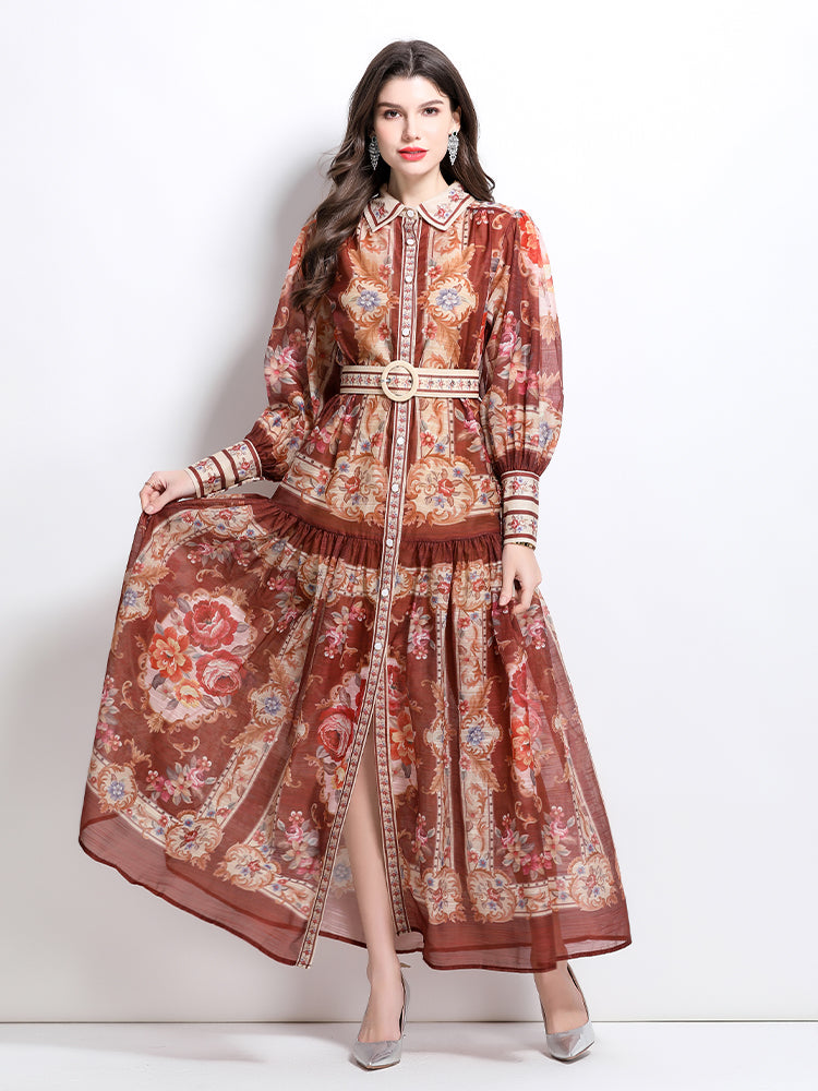 CM-DY032100 Women Elegant European Style Stand Collar Lantern Sleeve Single-Breasted Maxi Dress - Light Brown
