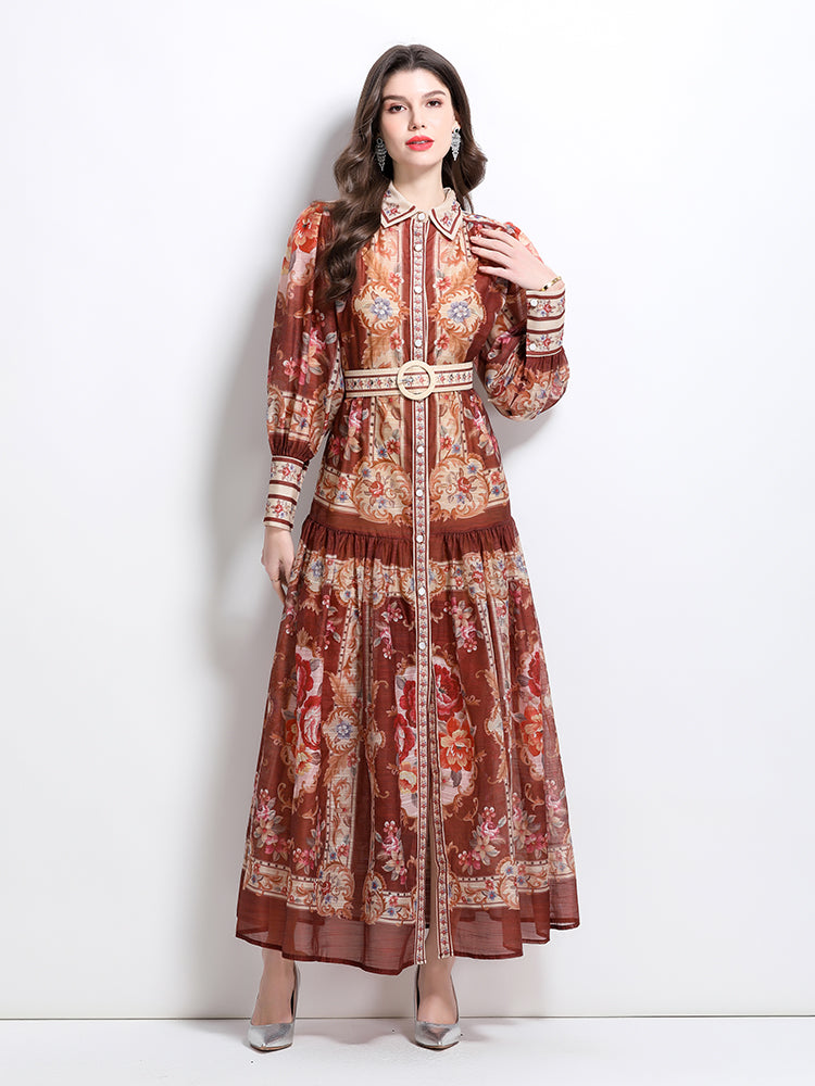 CM-DY032100 Women Elegant European Style Stand Collar Lantern Sleeve Single-Breasted Maxi Dress - Light Brown