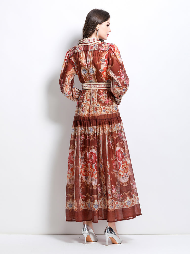 CM-DY032100 Women Elegant European Style Stand Collar Lantern Sleeve Single-Breasted Maxi Dress - Light Brown