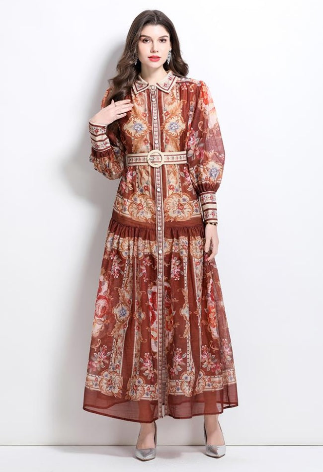 CM-DY032100 Women Elegant European Style Stand Collar Lantern Sleeve Single-Breasted Maxi Dress - Light Brown