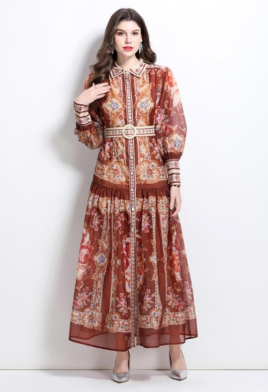 CM-DY032100 Women Elegant European Style Stand Collar Lantern Sleeve Single-Breasted Maxi Dress - Light Brown