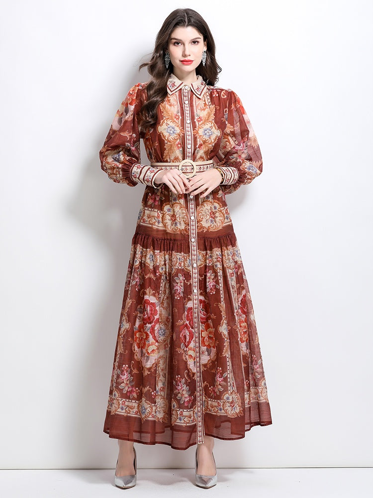 CM-DY032100 Women Elegant European Style Stand Collar Lantern Sleeve Single-Breasted Maxi Dress - Light Brown