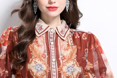 CM-DY032100 Women Elegant European Style Stand Collar Lantern Sleeve Single-Breasted Maxi Dress - Light Brown