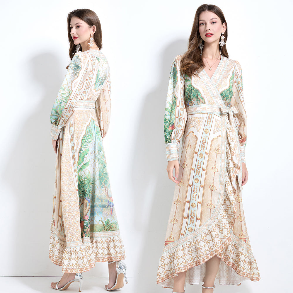 CM-DY032118 Women Elegant European Style Floral Print V-Neck Long Sleeve Maxi Wrap Dress