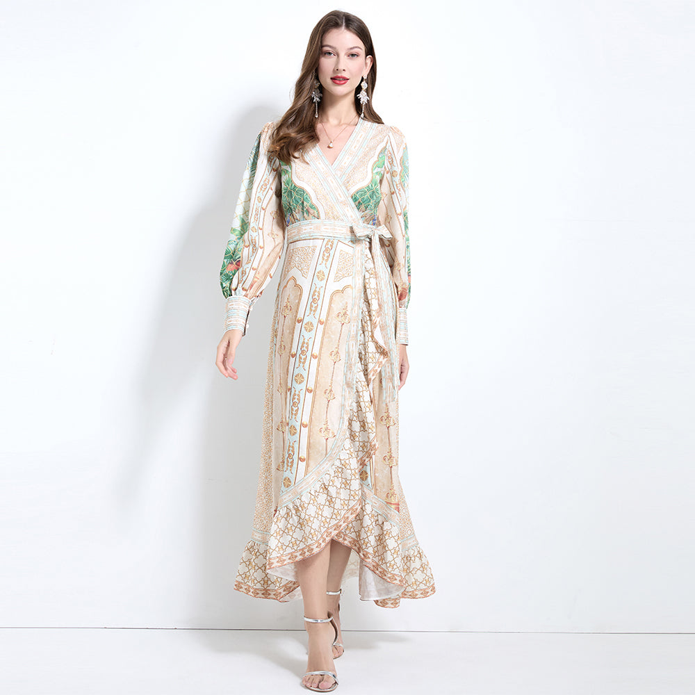 CM-DY032118 Women Elegant European Style Floral Print V-Neck Long Sleeve Maxi Wrap Dress