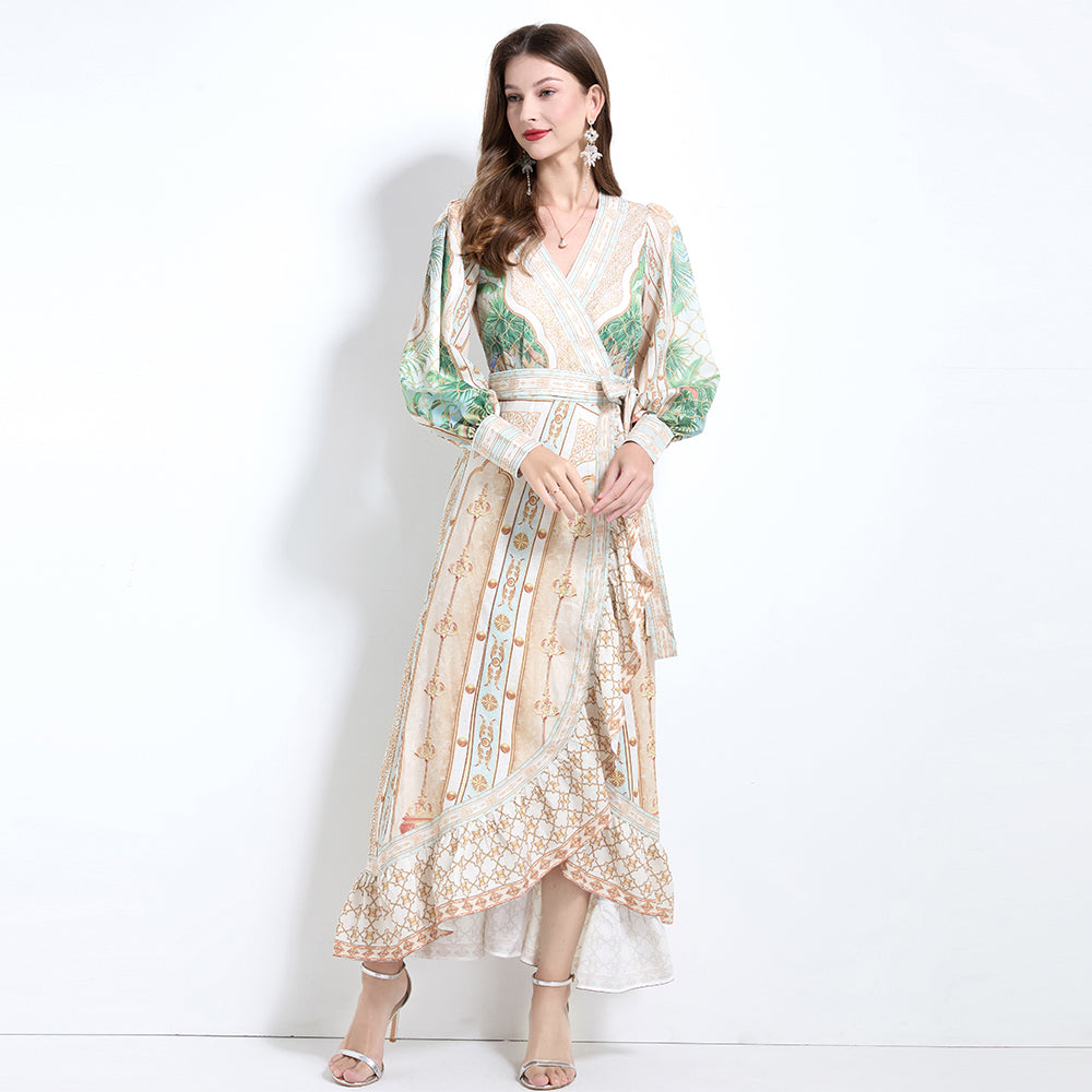 CM-DY032118 Women Elegant European Style Floral Print V-Neck Long Sleeve Maxi Wrap Dress