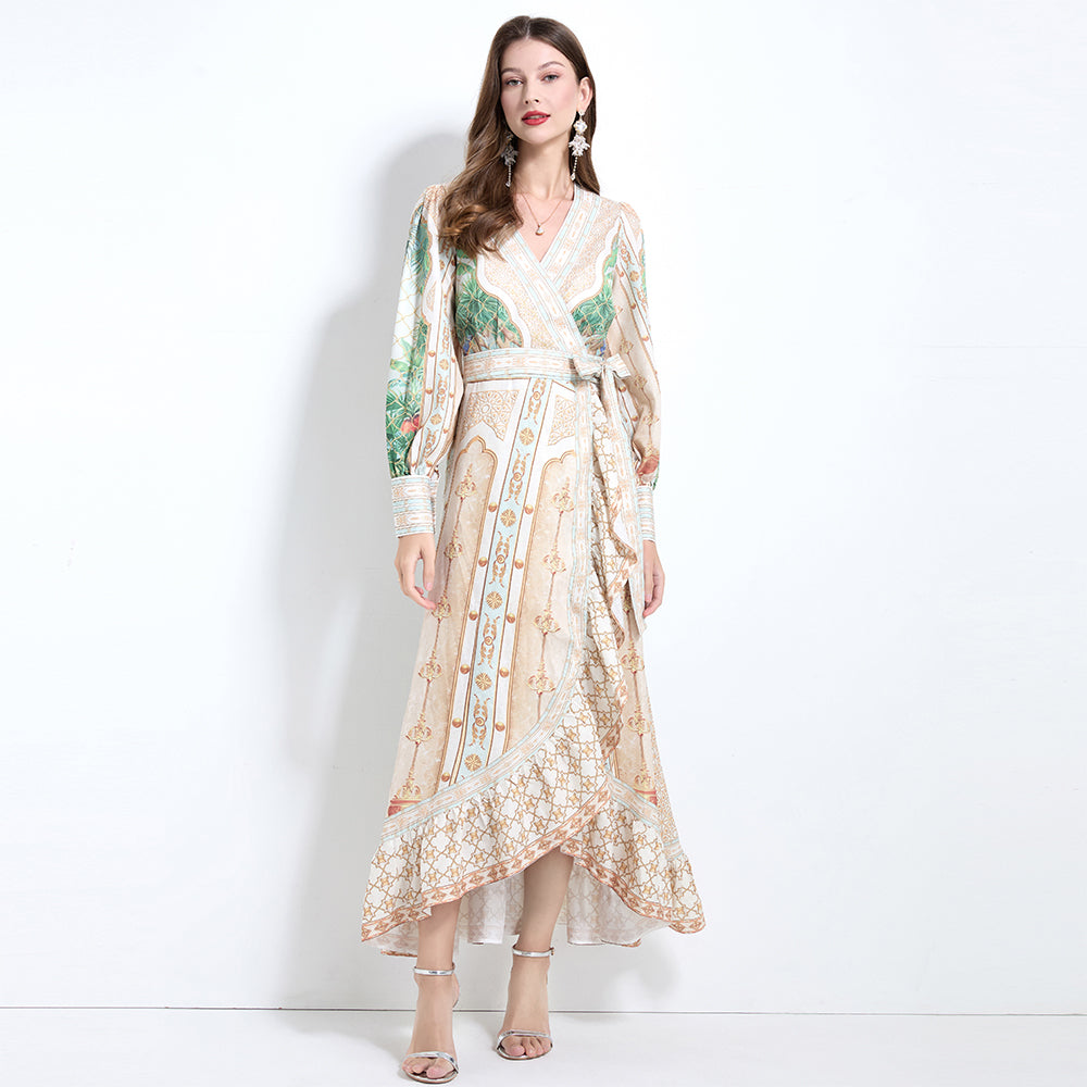 CM-DY032118 Women Elegant European Style Floral Print V-Neck Long Sleeve Maxi Wrap Dress