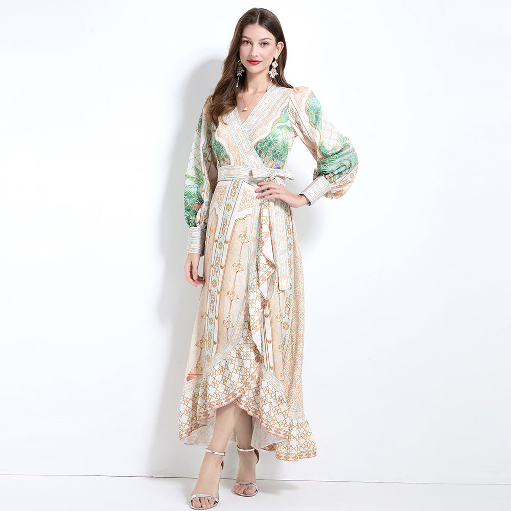 CM-DY032118 Women Elegant European Style Floral Print V-Neck Long Sleeve Maxi Wrap Dress