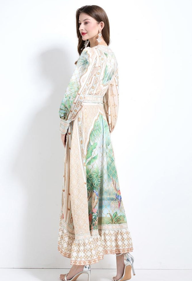 CM-DY032118 Women Elegant European Style Floral Print V-Neck Long Sleeve Maxi Wrap Dress