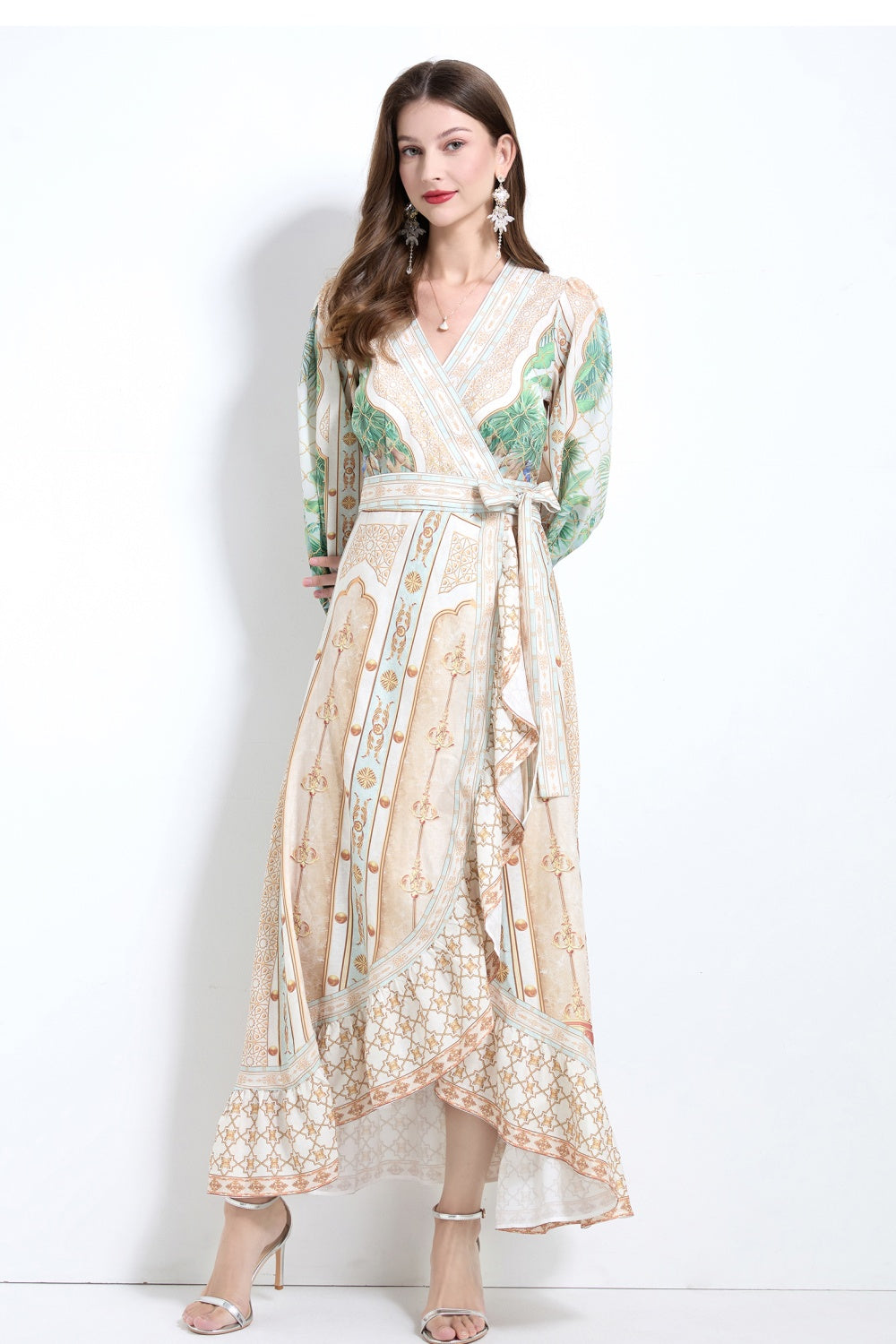 CM-DY032118 Women Elegant European Style Floral Print V-Neck Long Sleeve Maxi Wrap Dress