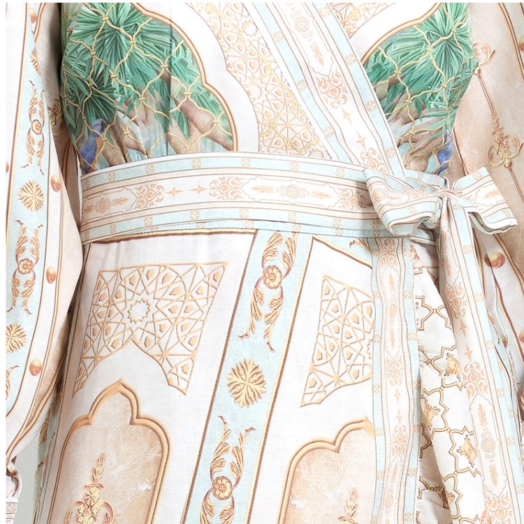 CM-DY032118 Women Elegant European Style Floral Print V-Neck Long Sleeve Maxi Wrap Dress