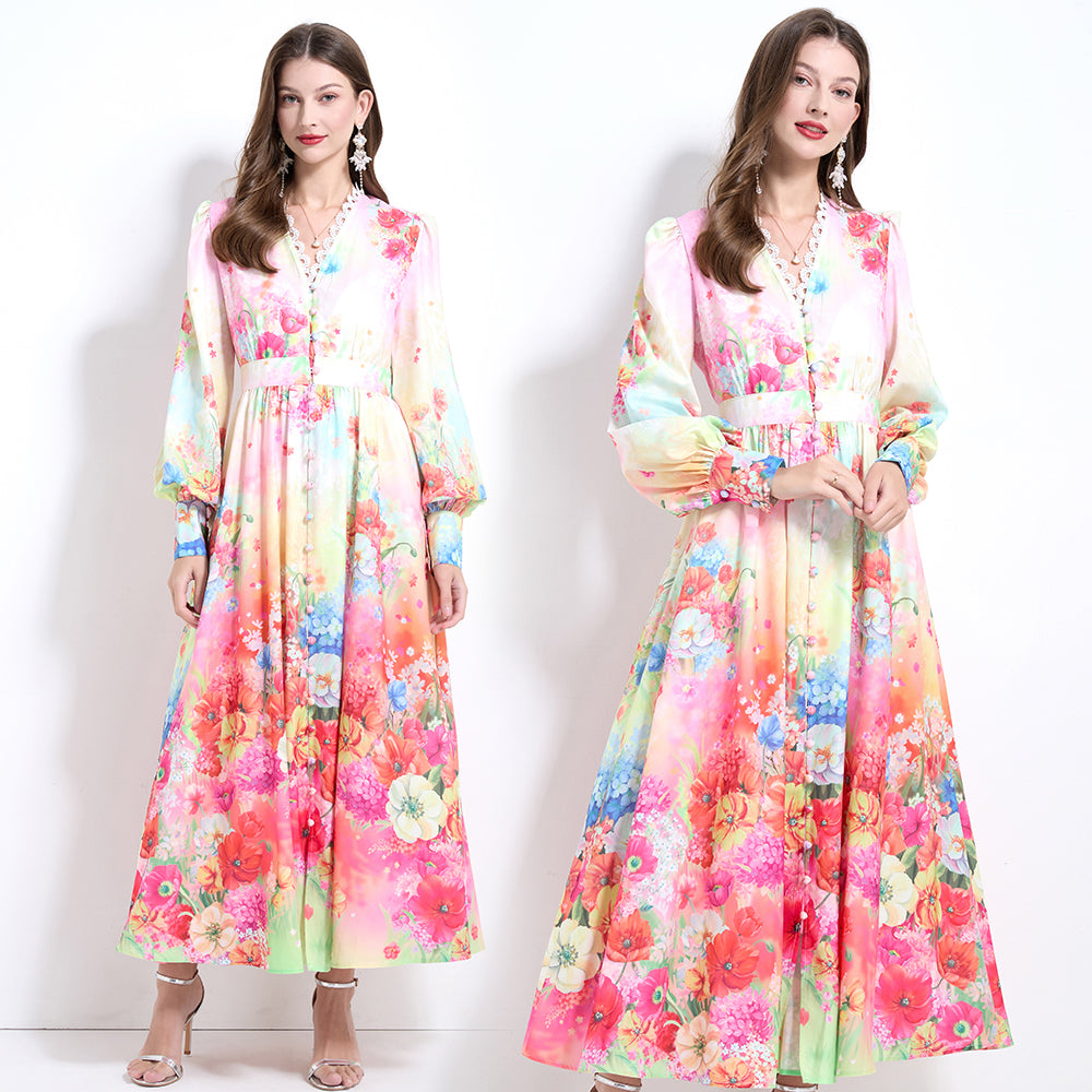 CM-DY032119 Women Elegant European Style Floral Print V-Neck Long Sleeve Pinched Waist Long Dress
