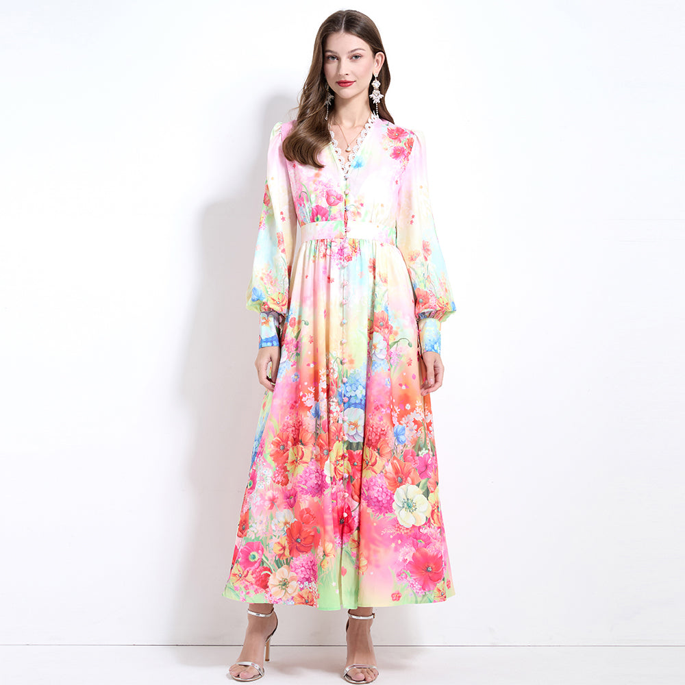 CM-DY032119 Women Elegant European Style Floral Print V-Neck Long Sleeve Pinched Waist Long Dress