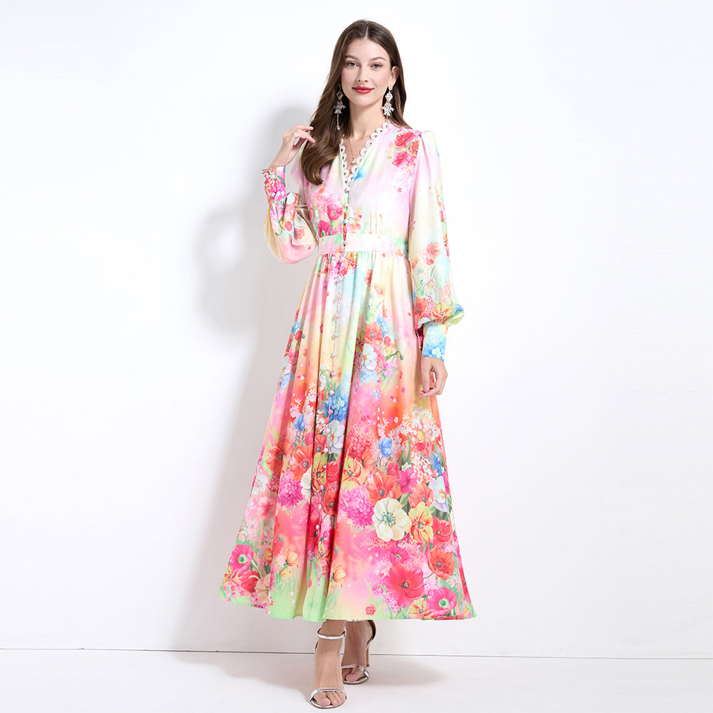 CM-DY032119 Women Elegant European Style Floral Print V-Neck Long Sleeve Pinched Waist Long Dress