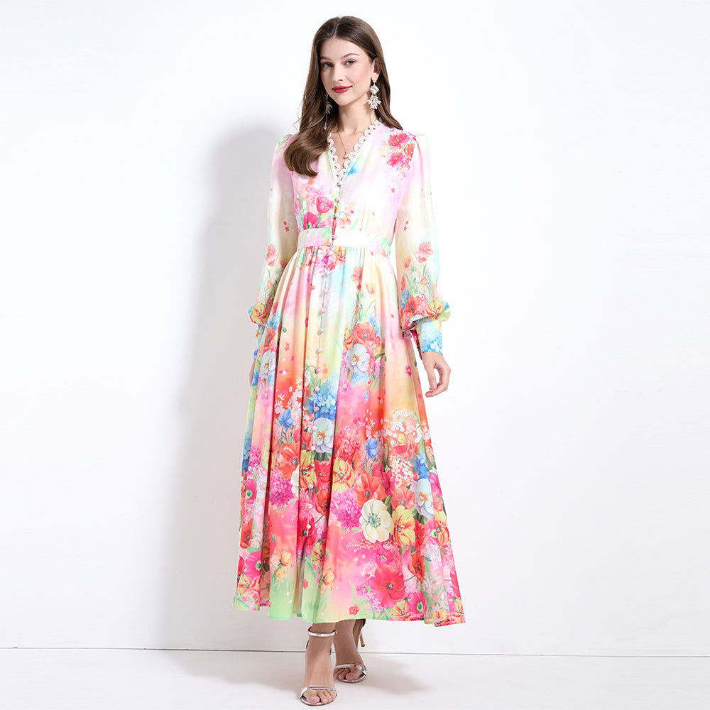 CM-DY032119 Women Elegant European Style Floral Print V-Neck Long Sleeve Pinched Waist Long Dress