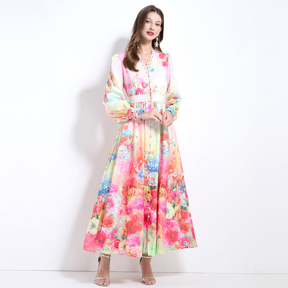 CM-DY032119 Women Elegant European Style Floral Print V-Neck Long Sleeve Pinched Waist Long Dress