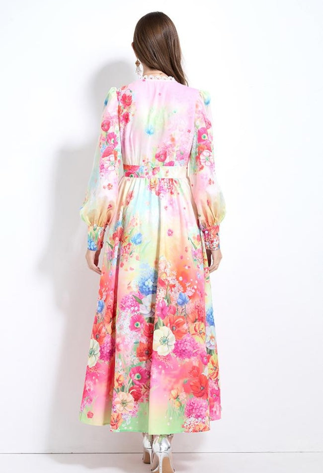 CM-DY032119 Women Elegant European Style Floral Print V-Neck Long Sleeve Pinched Waist Long Dress