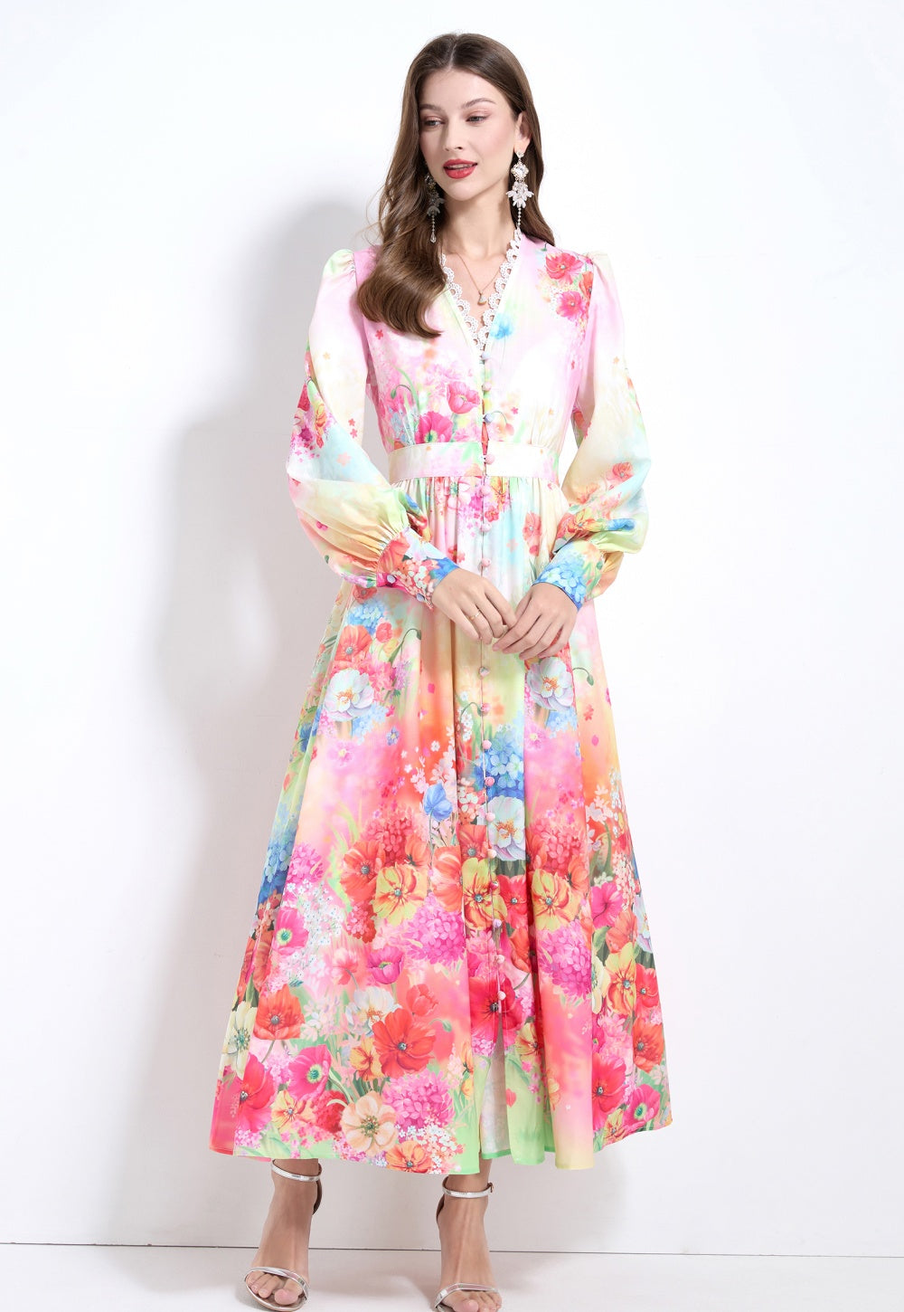 CM-DY032119 Women Elegant European Style Floral Print V-Neck Long Sleeve Pinched Waist Long Dress