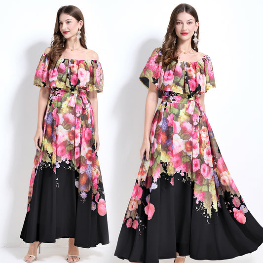 CM-DY032126 Women Trendy Bohemian Style Floral Print Off The Shoulder Pinched Waist Long Dress - Black