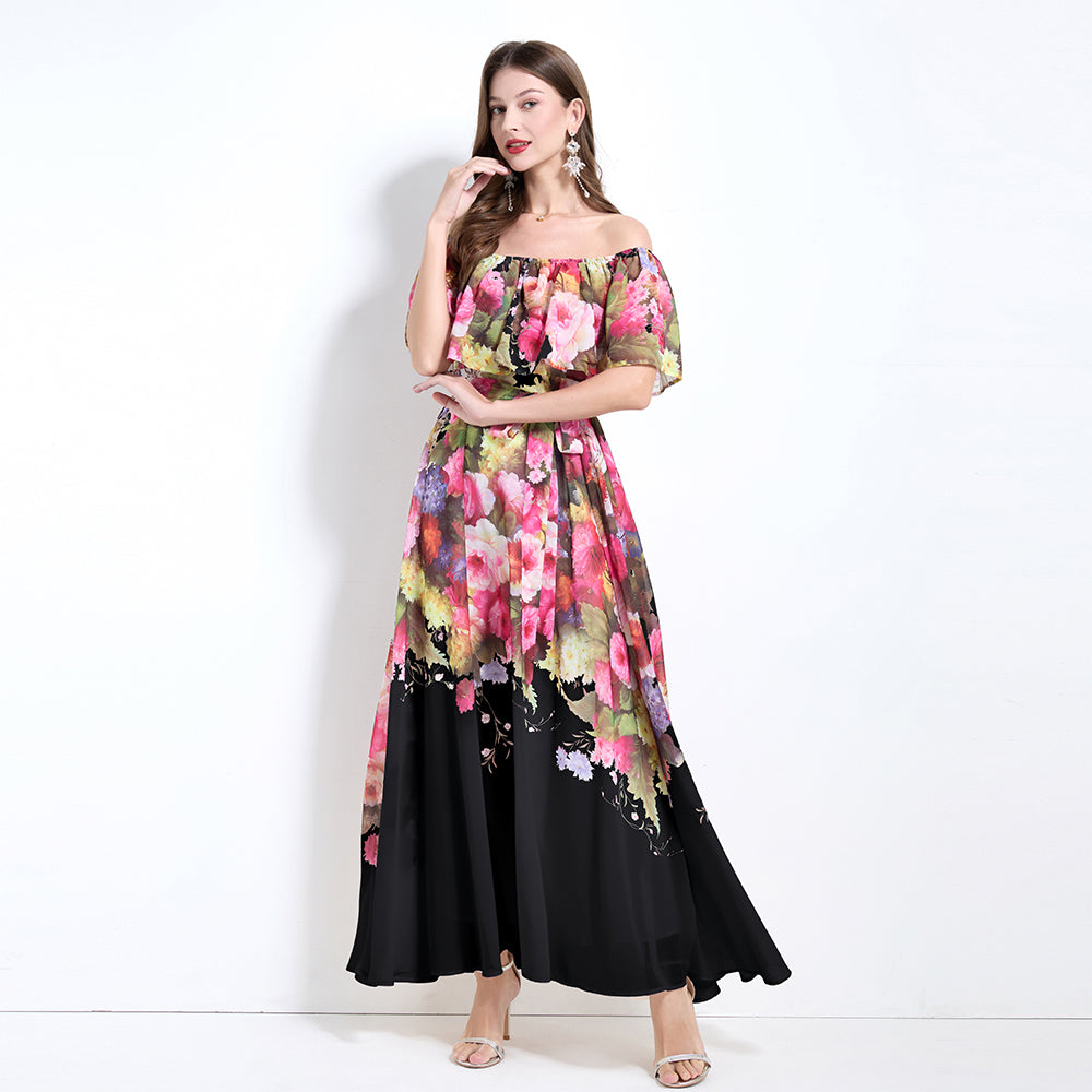 CM-DY032126 Women Trendy Bohemian Style Floral Print Off The Shoulder Pinched Waist Long Dress - Black
