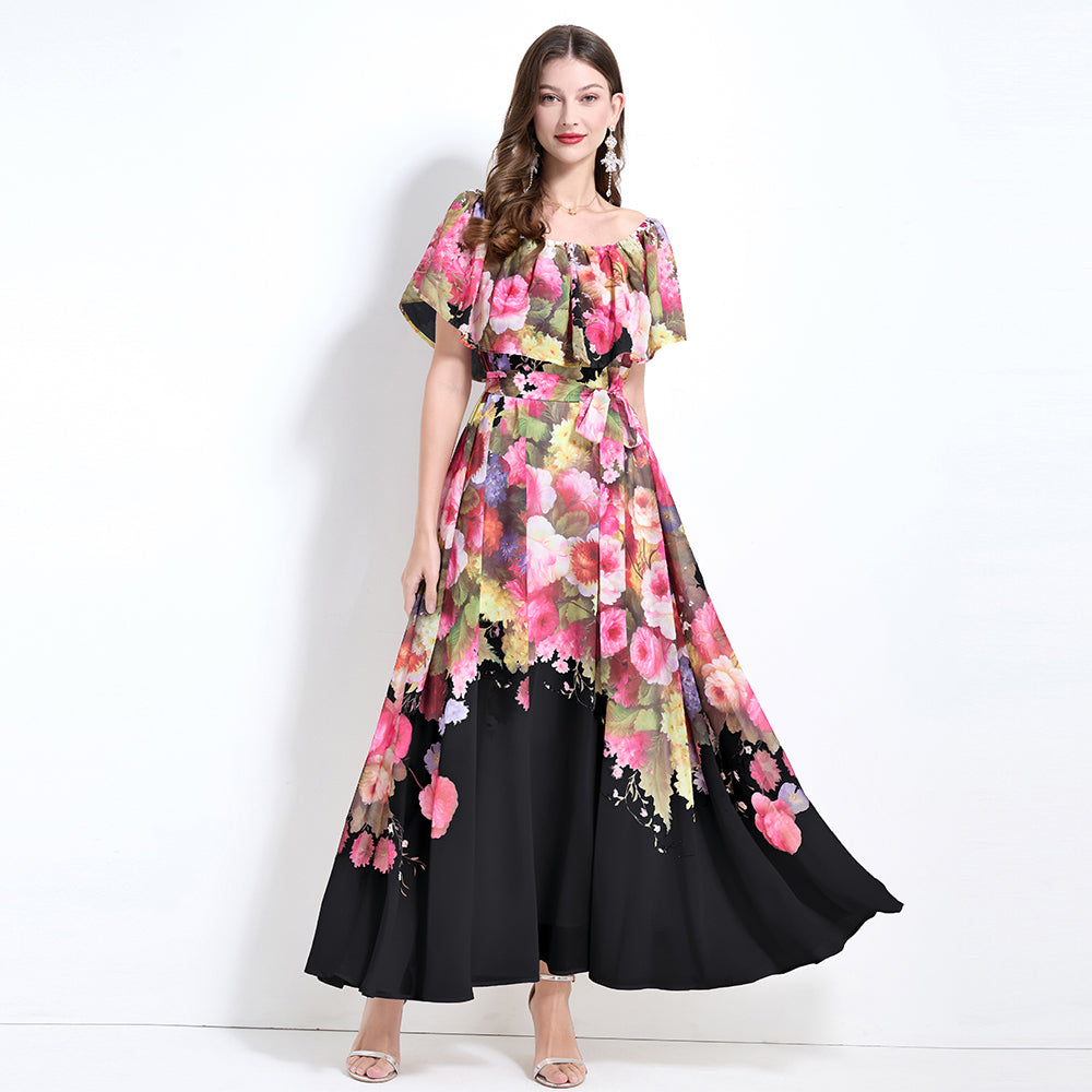 CM-DY032126 Women Trendy Bohemian Style Floral Print Off The Shoulder Pinched Waist Long Dress - Black