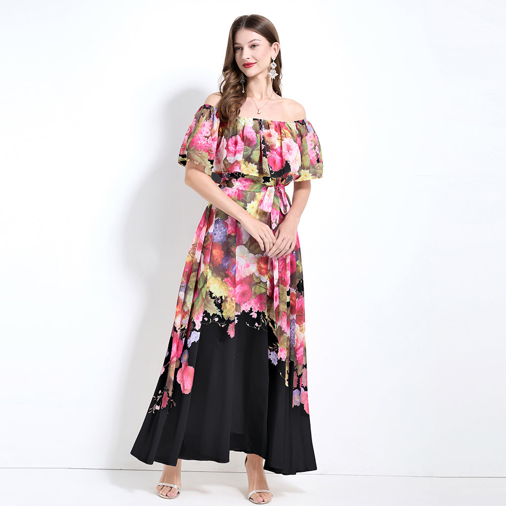 CM-DY032126 Women Trendy Bohemian Style Floral Print Off The Shoulder Pinched Waist Long Dress - Black