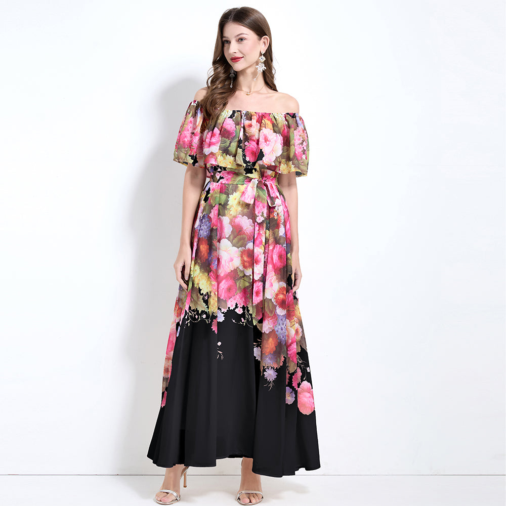 CM-DY032126 Women Trendy Bohemian Style Floral Print Off The Shoulder Pinched Waist Long Dress - Black