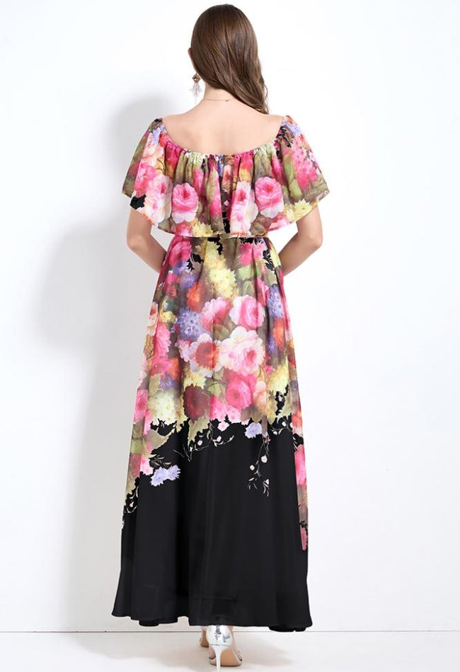 CM-DY032126 Women Trendy Bohemian Style Floral Print Off The Shoulder Pinched Waist Long Dress - Black