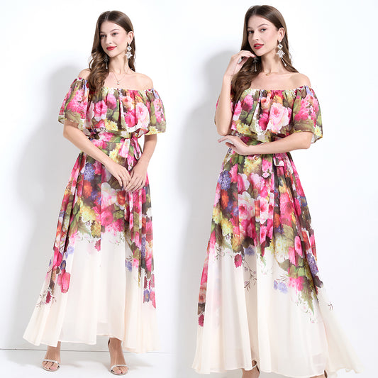 CM-DY032127 Women Trendy Bohemian Style Floral Print Off The Shoulder Pinched Waist Long Dress - Apricot