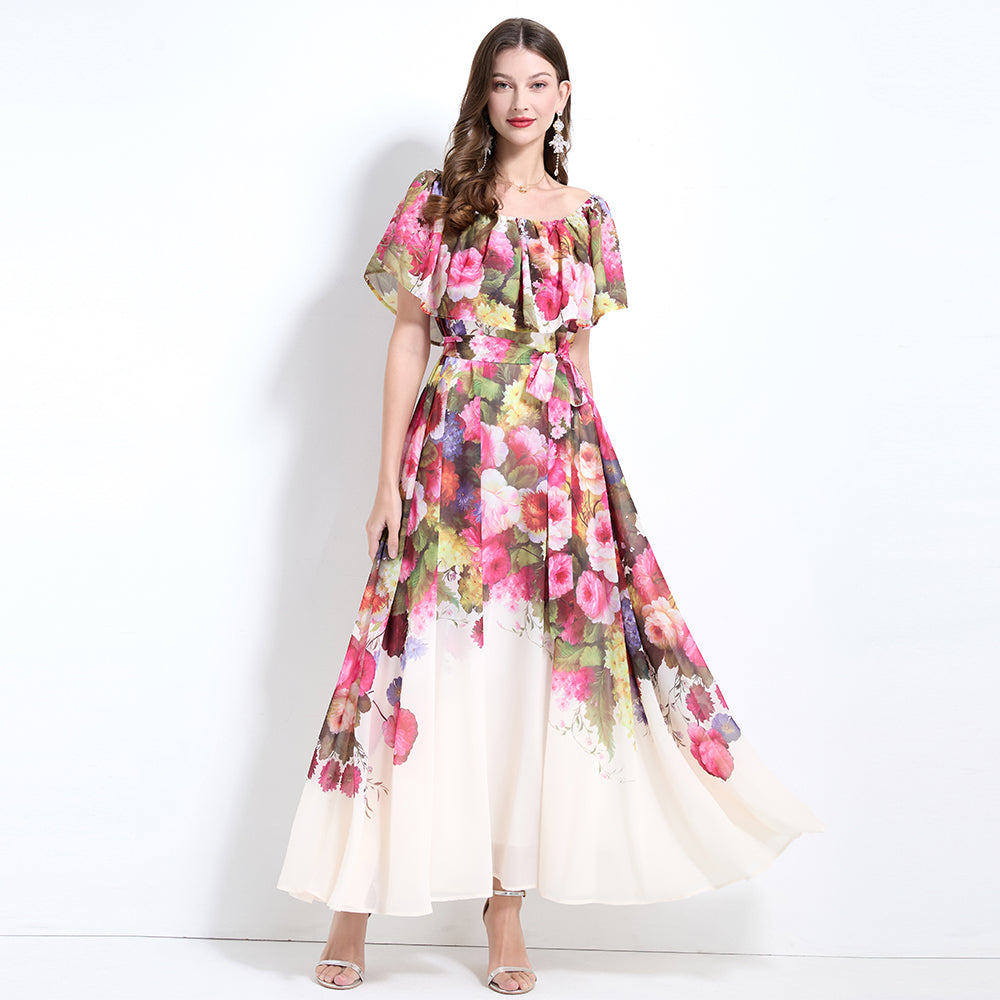 CM-DY032127 Women Trendy Bohemian Style Floral Print Off The Shoulder Pinched Waist Long Dress - Apricot