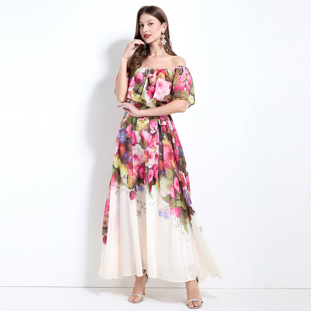 CM-DY032127 Women Trendy Bohemian Style Floral Print Off The Shoulder Pinched Waist Long Dress - Apricot
