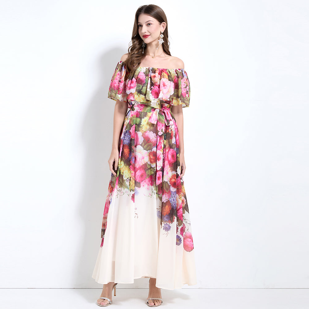 CM-DY032127 Women Trendy Bohemian Style Floral Print Off The Shoulder Pinched Waist Long Dress - Apricot