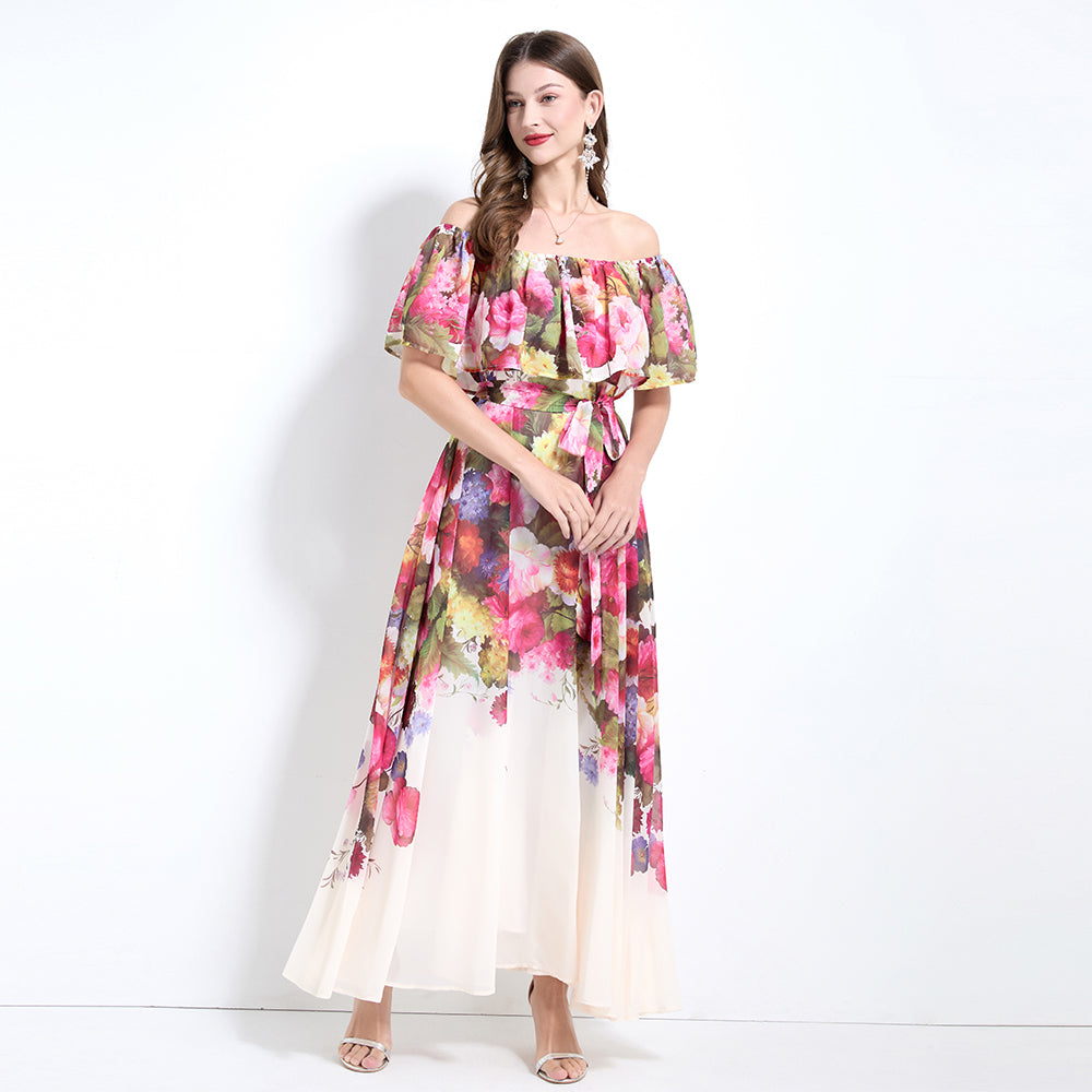 CM-DY032127 Women Trendy Bohemian Style Floral Print Off The Shoulder Pinched Waist Long Dress - Apricot