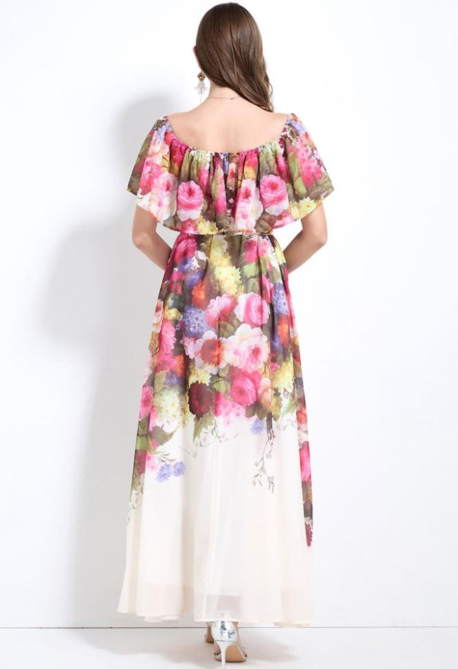 CM-DY032127 Women Trendy Bohemian Style Floral Print Off The Shoulder Pinched Waist Long Dress - Apricot