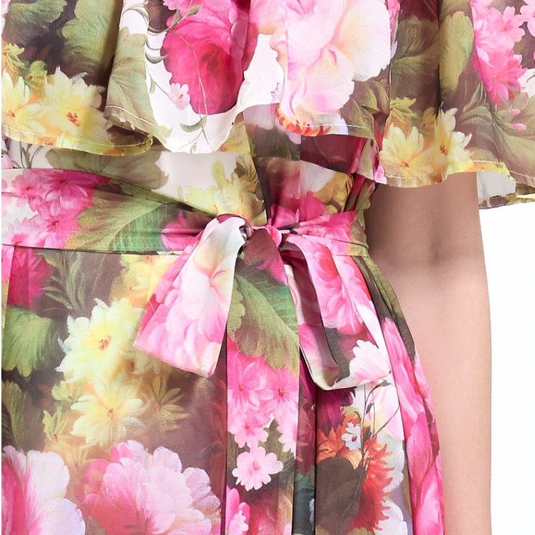 CM-DY032127 Women Trendy Bohemian Style Floral Print Off The Shoulder Pinched Waist Long Dress - Apricot