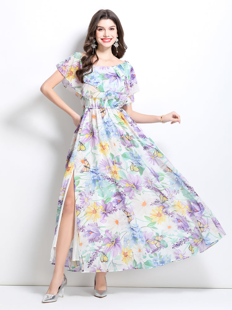 CM-DY032210 Women Elegant European Style Sloping Shoulder Floral Print Slit Maxi Dress - Light Purple
