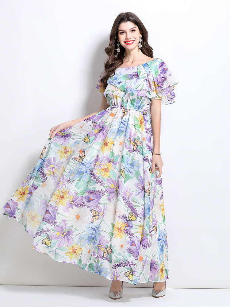 CM-DY032210 Women Elegant European Style Sloping Shoulder Floral Print Slit Maxi Dress - Light Purple
