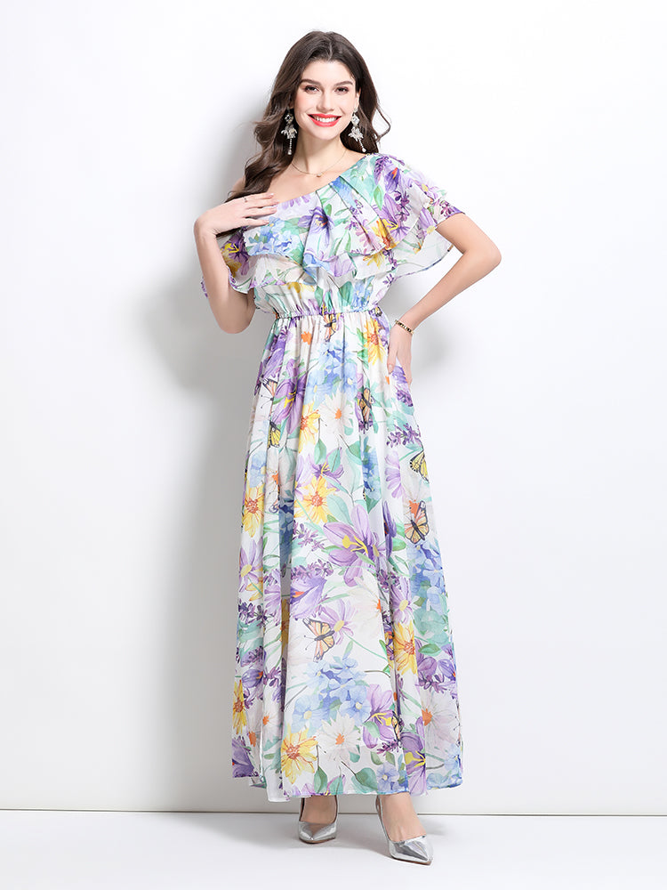 CM-DY032210 Women Elegant European Style Sloping Shoulder Floral Print Slit Maxi Dress - Light Purple