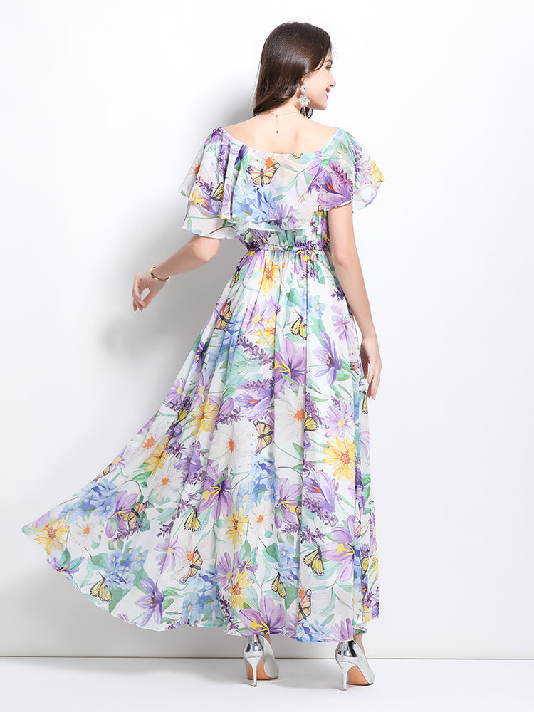 CM-DY032210 Women Elegant European Style Sloping Shoulder Floral Print Slit Maxi Dress - Light Purple