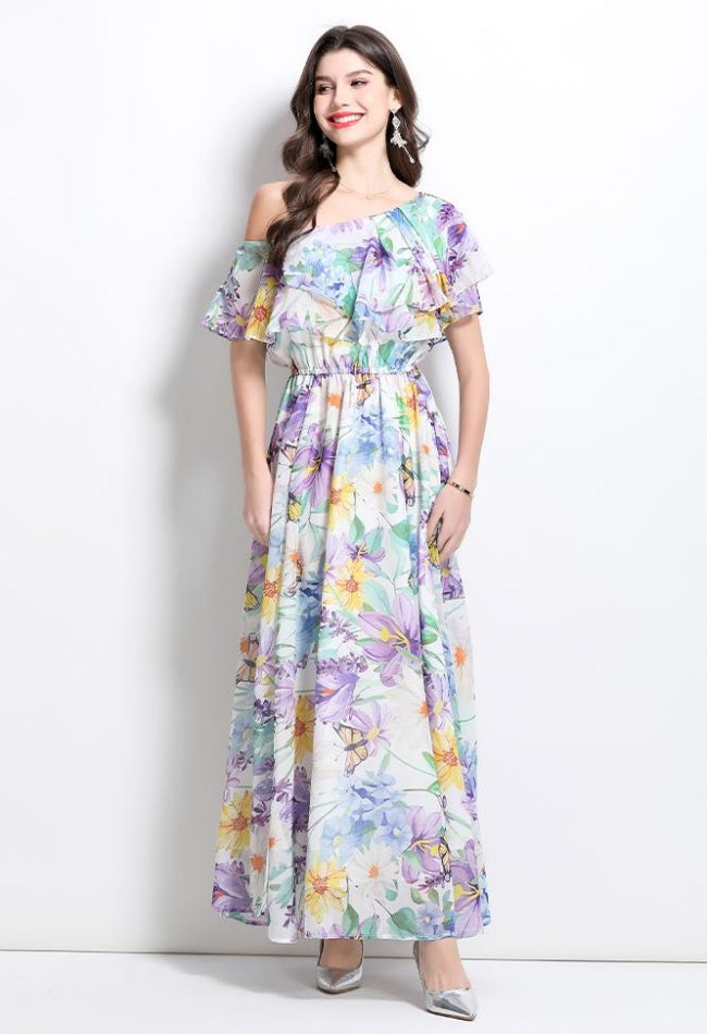 CM-DY032210 Women Elegant European Style Sloping Shoulder Floral Print Slit Maxi Dress - Light Purple