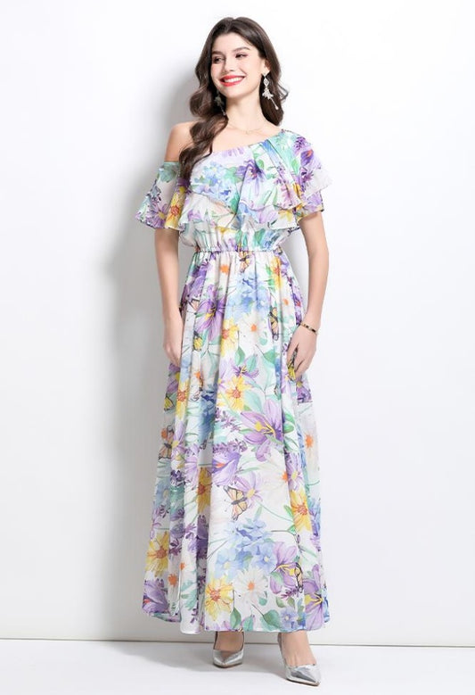 CM-DY032210 Women Elegant European Style Sloping Shoulder Floral Print Slit Maxi Dress - Light Purple