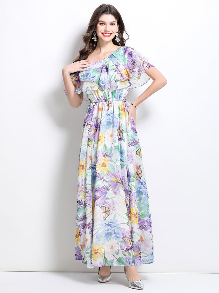 CM-DY032210 Women Elegant European Style Sloping Shoulder Floral Print Slit Maxi Dress - Light Purple