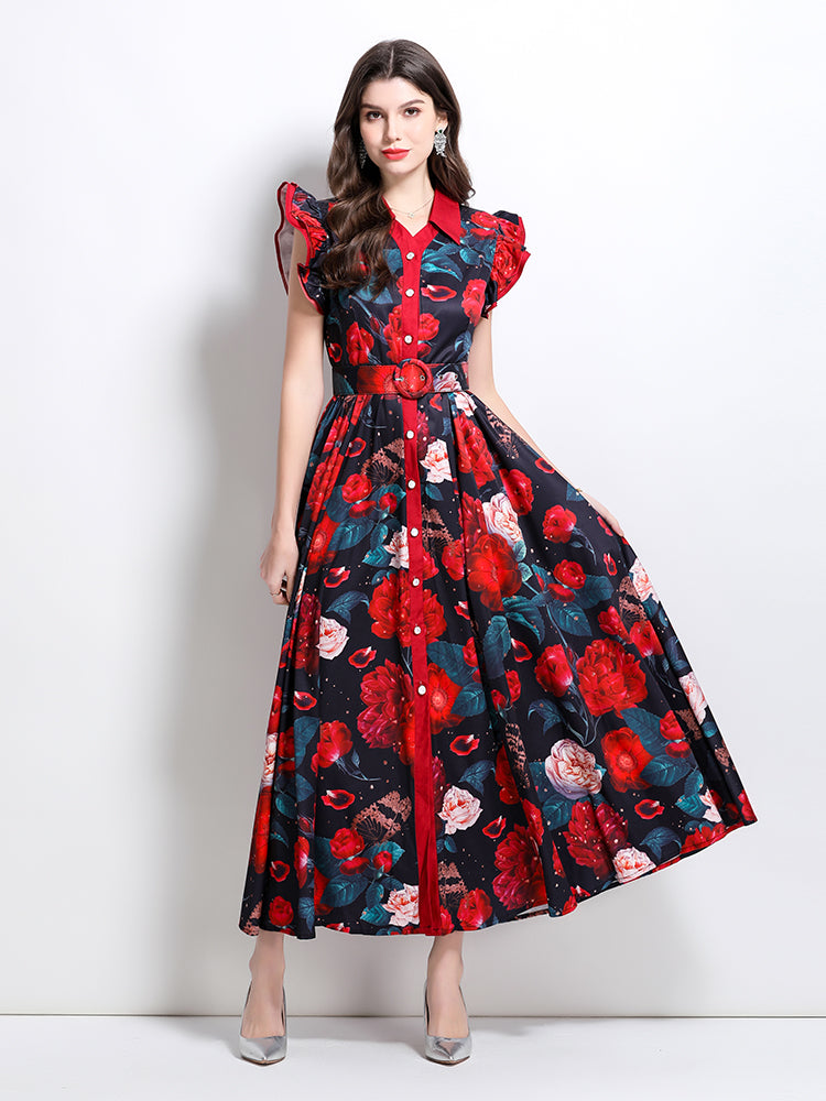 CM-DY032211 Women Elegant Euroepan Style Floral Print Collar Neckline Boat Sleeve Belyed Maxi Dress - Black