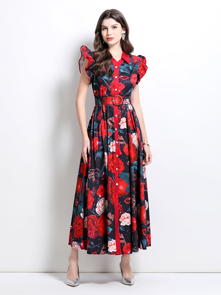 CM-DY032211 Women Elegant Euroepan Style Floral Print Collar Neckline Boat Sleeve Belyed Maxi Dress - Black