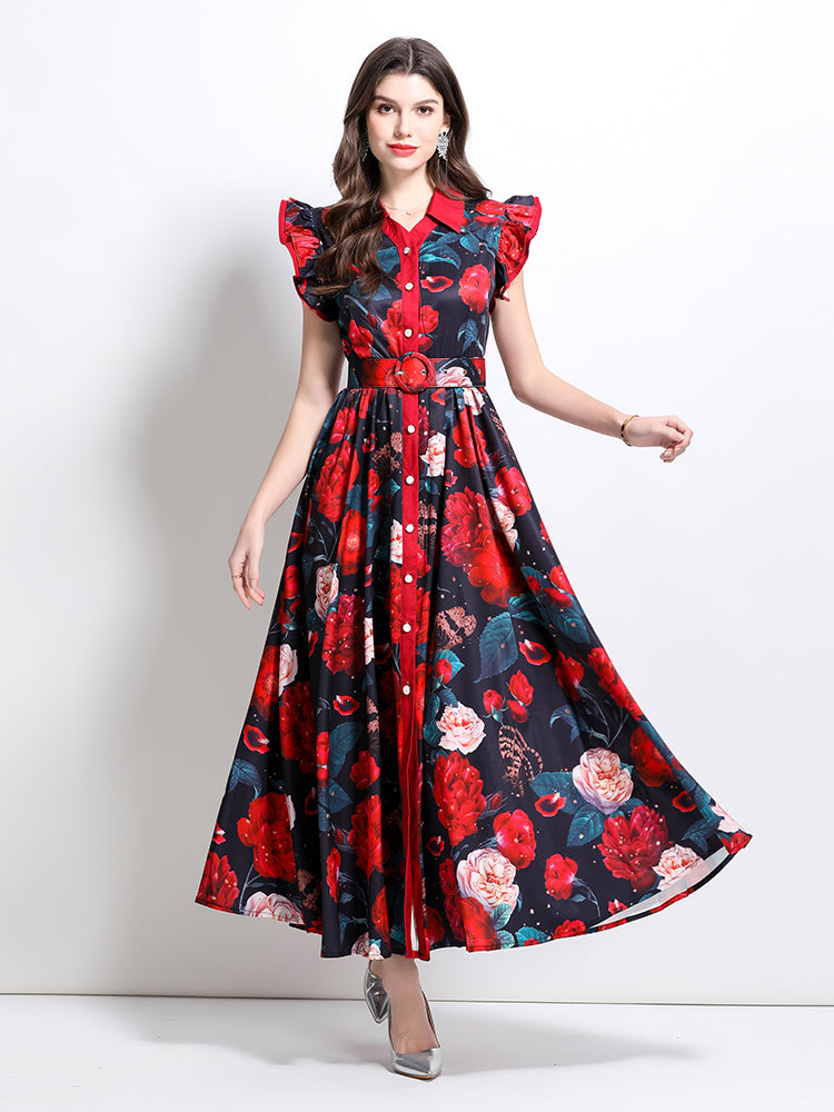 CM-DY032211 Women Elegant Euroepan Style Floral Print Collar Neckline Boat Sleeve Belyed Maxi Dress - Black
