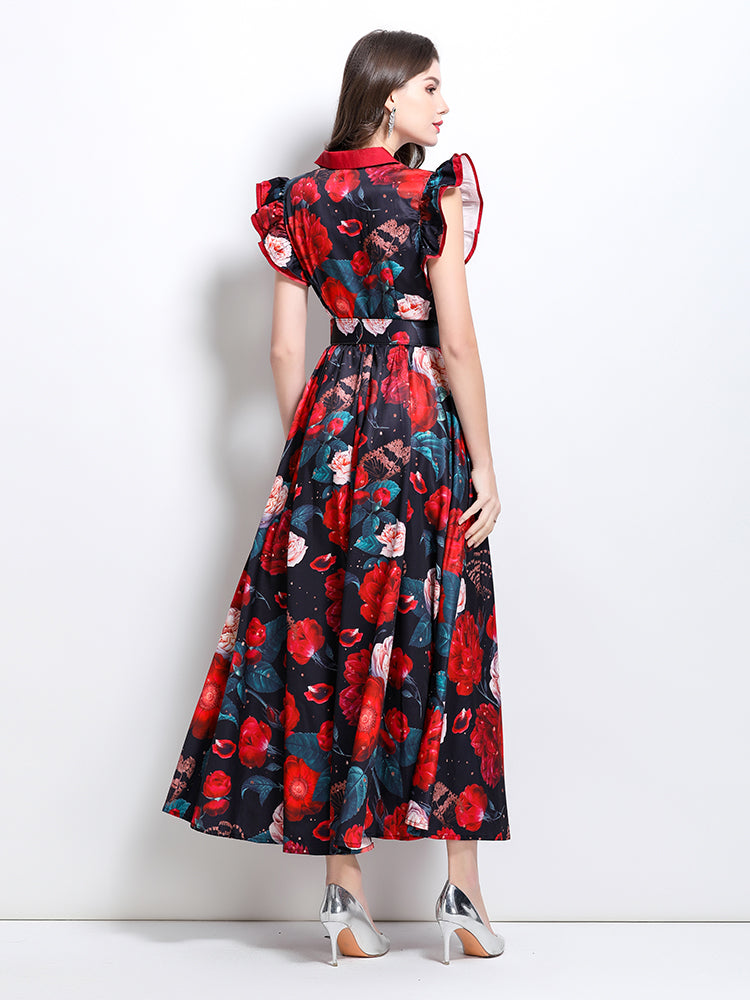 CM-DY032211 Women Elegant Euroepan Style Floral Print Collar Neckline Boat Sleeve Belyed Maxi Dress - Black