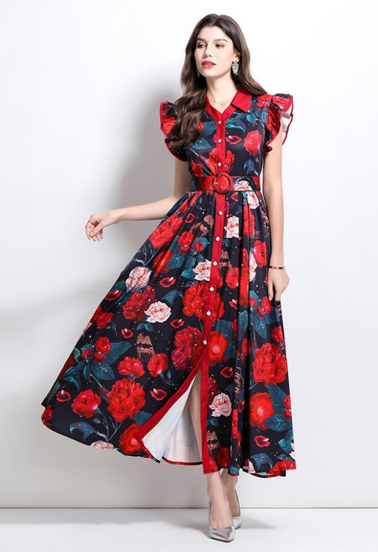 CM-DY032211 Women Elegant Euroepan Style Floral Print Collar Neckline Boat Sleeve Belyed Maxi Dress - Black