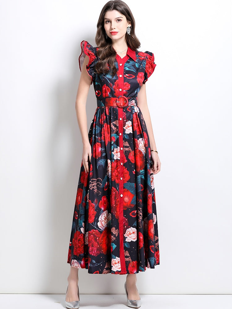 CM-DY032211 Women Elegant Euroepan Style Floral Print Collar Neckline Boat Sleeve Belyed Maxi Dress - Black